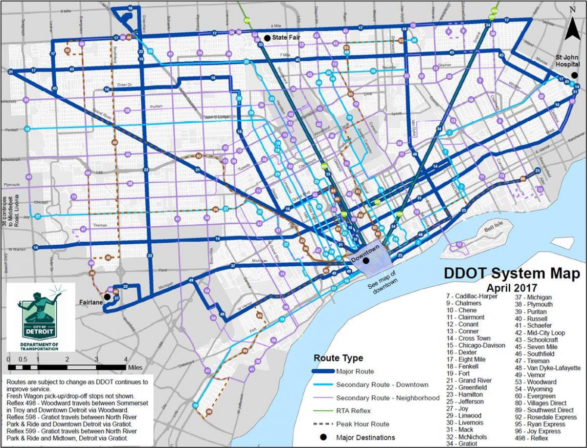 kort af Detroit Strætó